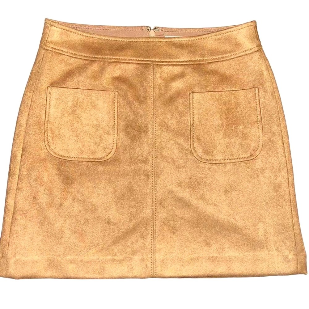 Loft Tan Faux Suede Mini Skirt Size 8 Camel A-Line Front Patch Pockets Stretch
